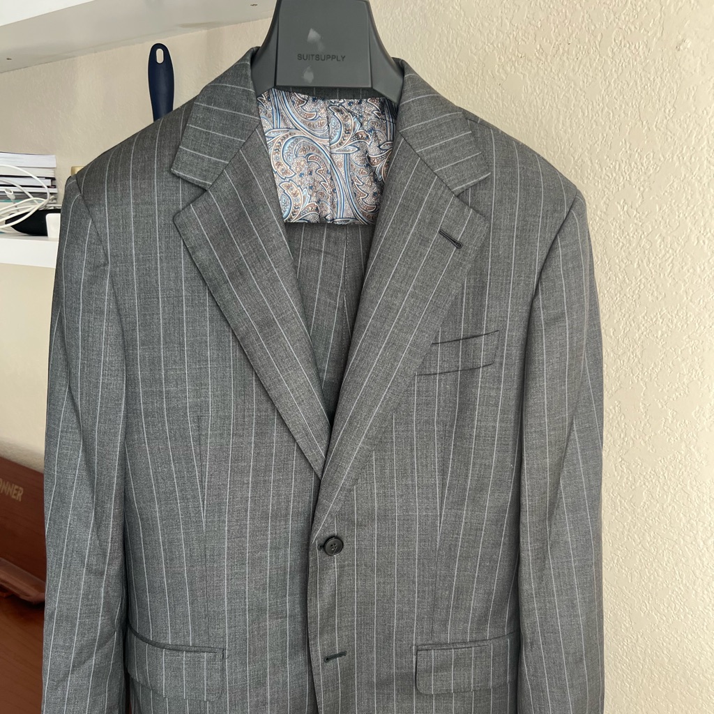 Mid Gray + Blue Pinstripe Suit / Size 40-42 / Side Adjustor Trousers